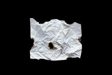 top view of empty white crumpled and burnt vintage paper isolated on black