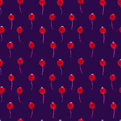 Red small berries, hand painted watercolor illustration, seamless pattern design on dark blue background