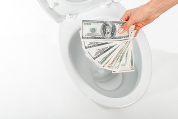 cropped view of woman holding dollars near ceramic clean toilet bowl isolated on white