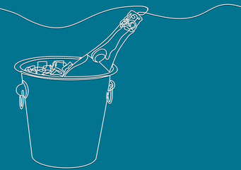 Fototapeta na wymiar Champagne bottle in bucket with ice and glasses of champagne-continuous line drawing