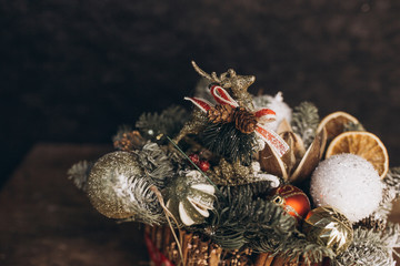 Christmas decoration on black background. Holidays, new year, design elements concept