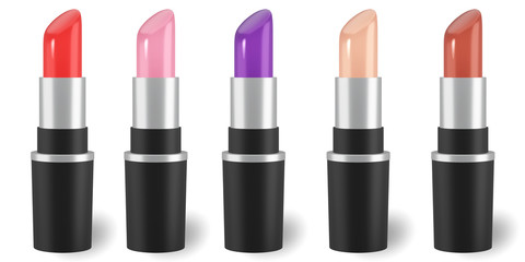 Obraz premium 3d render lipstick variety Colorful Tones tints palette pink, wine, vinous, mockup design isolated on white background with clipping path. Beautiful Make-up concept. 