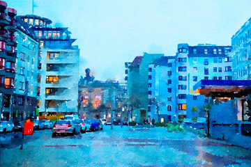 Fototapeta na wymiar evening Berlin in December, watercolor style