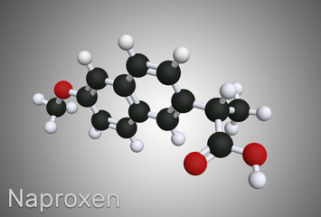 Naproxen C14H14O3 molecule. It is a nonsteroidal anti-inflammatory drug (NSAID). Molecular model