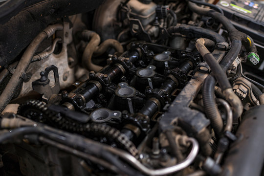 Detail of a dirty car engine