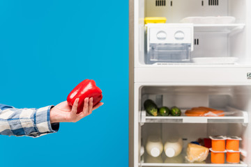 cropped view of woman holding bell pepper near open fridge and freezer with fresh food on shelves...