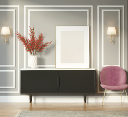 Modern black sideboard with a frame and a violet velvet armchair