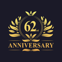 62nd Anniversary logo, luxurious golden color 62 years Anniversary logo design celebration.