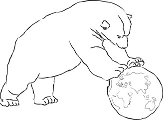 Vector illustration Bear trundle  ball depicting the planet earth silhouette.  Sketch bear trundle  ball