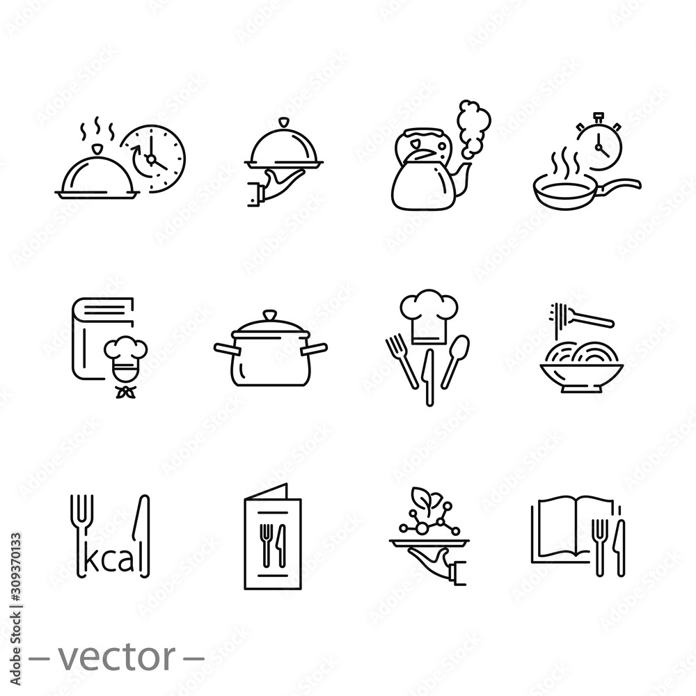 Wall mural cooking icon set, cook recipe, kitchen time, pan, pot, chef and more, thin line web symbols on white