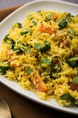 Okra or Bhindi rice also known as Vendakkai Sadam, served in a bowl, selective focus