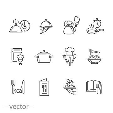 cooking icon set, cook recipe, kitchen time, pan, pot, chef and more, thin line web symbols on white background - editable stroke vector illustration eps10