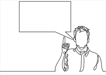 businessman holding up his index finger and giving advice. Attractive manager speaking with speech bubble. Modern character design. illustration in the flat style-continuous line drawing