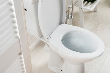 white modern bathroom with toilet bowl near folding screen