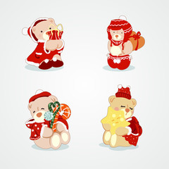 Set of Little Cute Bears in Different Christmas Costume on Light Background with Shadows. Christmas Concept Illustration for Greeting Cards or Festive Banner