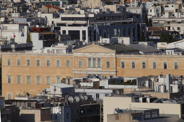Athens, Greece - July 20, 2019: The seat of the Hellenic parliament photographed from the acropolis