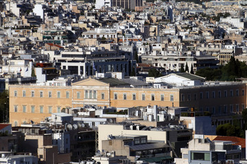 Fototapeta premium Athens, Greece - July 20, 2019: The seat of the Hellenic parliament photographed from the acropolis