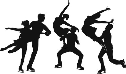 set of silhouettes Set Pair figure skating. Athlete on the rink.Flat Vector illustartion. Figure skating. Athletes Winter sport illustration. A man and a woman in motion vector images. Elements of fig