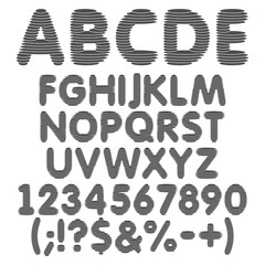 Black and white alphabet, letters, numbers and signs from round layers. Set of vector isolated objects on a white background.