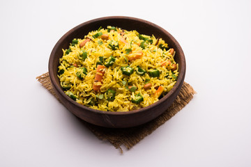 Okra or Bhindi rice also known as Vendakkai Sadam, served in a bowl, selective focus