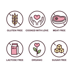 Vector Icon Set: Gluten Free, Sugar Free, Meat Free, Lactose Free, Organic, Cooked with Love