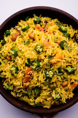 Okra or Bhindi rice also known as Vendakkai Sadam, served in a bowl, selective focus