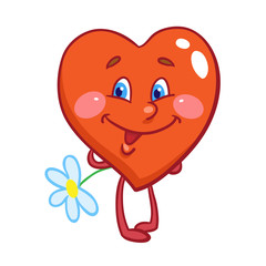 A lovely little heart stands with a flower behind its back. In cartoon style. Isolated on white background. Vector illustration.