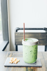 Ice green tea latte in the coffee shop