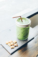 Ice green tea latte in the coffee shop