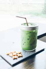 Ice green tea latte in the coffee shop