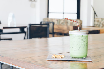 Ice green tea latte in the coffee shop