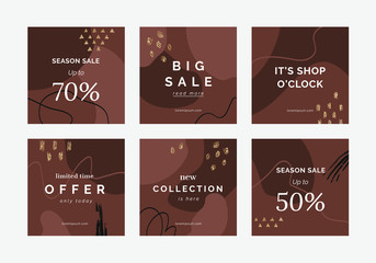 Set of 6 hand drawn vector backgrounds. Glitter elements, abstract shapes. Modern promotion square web banners for social media mobile apps.