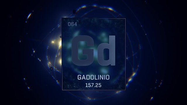 Gadolinium as Element 64 of the Periodic Table. Seamlessly looping 3D animation on blue illuminated atom design background with orbiting electrons. Name, atomic weight, element number in Spanish langu