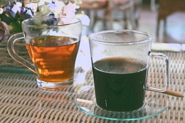 black coffee and hot tea in the morning