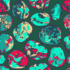 Seamless pattern with colorful stones. Vector seamless background with sea pebbles on a green background.