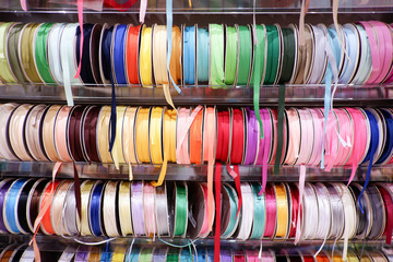 Colourful Ribbon rolls in a store
