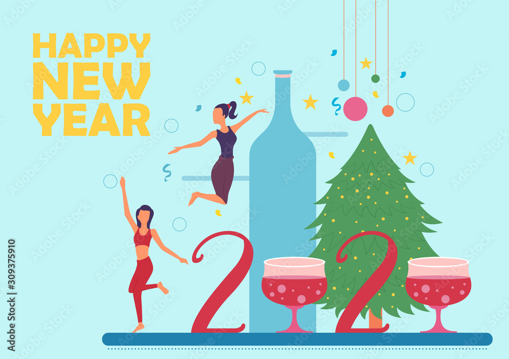 Sticker illustration of people celebrating Merry Christmas and Happy New Year 2020 on holiday background