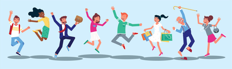 Happy people jumping flat characters set