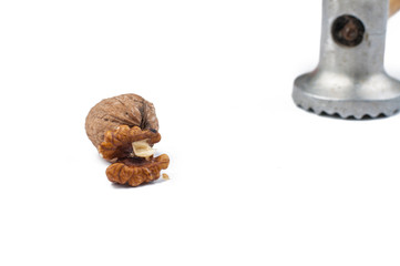 Walnut and hammer isolated on white background.Copy space.