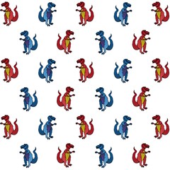 The Amazing of Cute Red and Blue Dinosaur Illustration, Cartoon Funny Character in the Colorful Background, Pattern Wallpaper