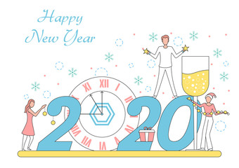 illustration of people celebrating Merry Christmas and Happy New Year 2020 on holiday background