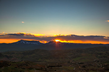 View of Enna and Calascibetta skyline at sunset in the december season