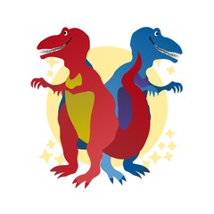 Illustration of Red and Blue Dinosaur  Cartoon, Cute Funny Character, Prehistoric Animals, Flat Design