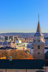 Cityscape with opera house and Akershus Castle and Fortress complex, Oslo, Norway