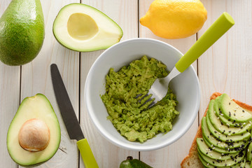 Bowl of mashed avocado with a fork