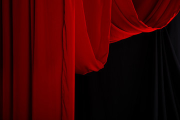 Red Curtain drape wave with studio lighting, Black with curve Wallpaper Background Texture Detail shadow and light