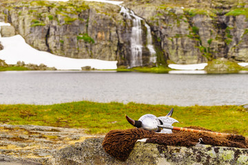 Viking helmet on lake shore, Norway