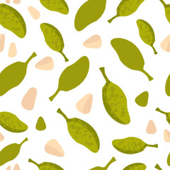 Vector seamless pattern with tropical fruit jackfruit. For design packaging, textile, background, design postcards and posters.