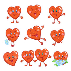 Collection of cute funny little hearts. In cartoon style. For valentines day. Isolated on white background. Vector illustration.