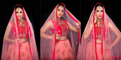 Indian beauty face big eyes with perfect make up wedding bride, Portrait of a beautiful woman in Red Pink traditional Pakistani bridal costume with heavy jewellery and makeup, collage group pack